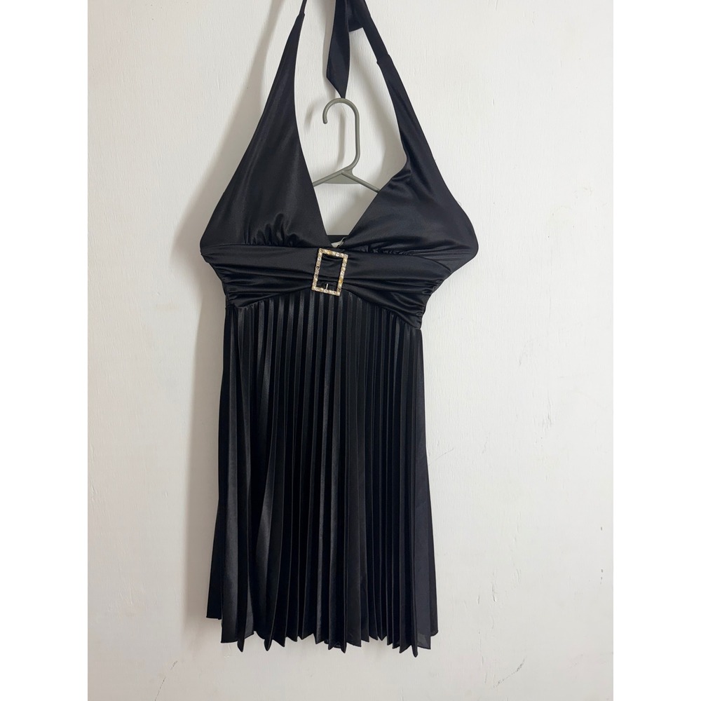 Speechless Black Satin Halter Mini Dress Pleated Rhinestone Pearl Buckle Party